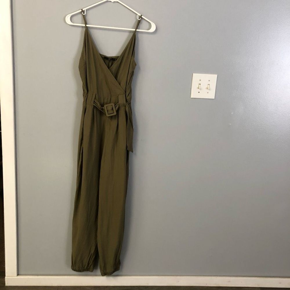 blashe belted jumpsuit splice neck thin strap tapered legs olives green size sma